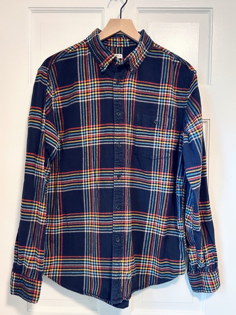 Men’s Merona Navy Blue Rainbow Plaid Flannel - Size Large